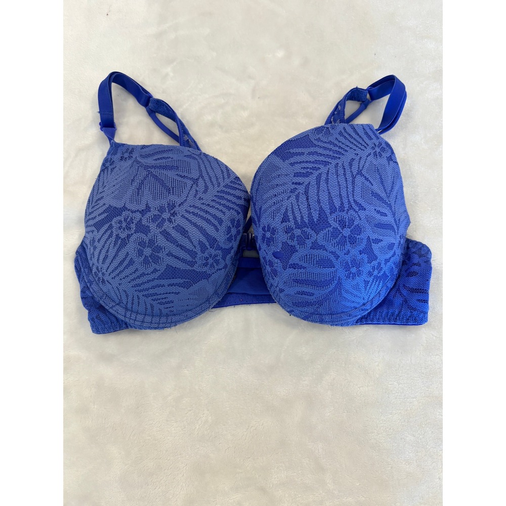 Victorias Secret PINK Blue Tropical Lace Front Close Push Up Bra 36C Racerback